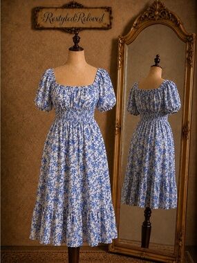Yesfashion Blue & White Floral Smocked Midi Dress Cottagecore Puff Sleeve Dress